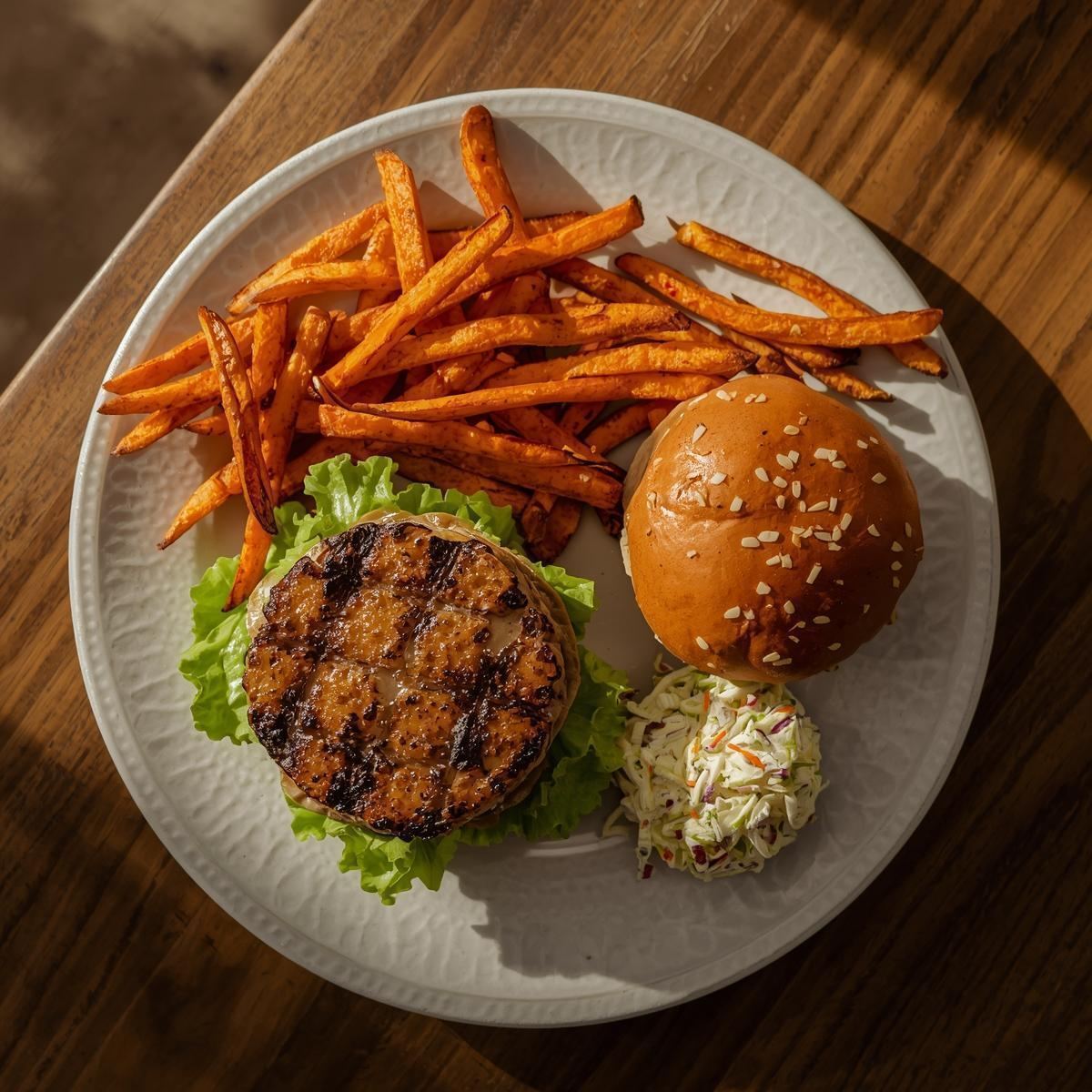 Alligator burger served with sides