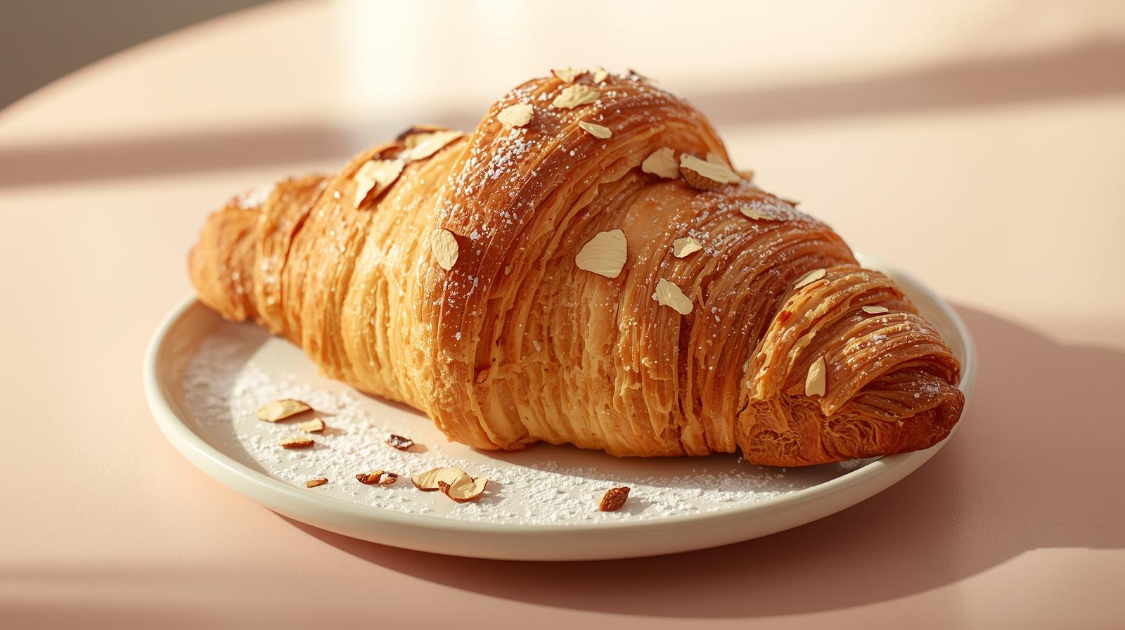 Freshly baked almond croissant with crisp layers and almond flakes on a neutral pastel surface