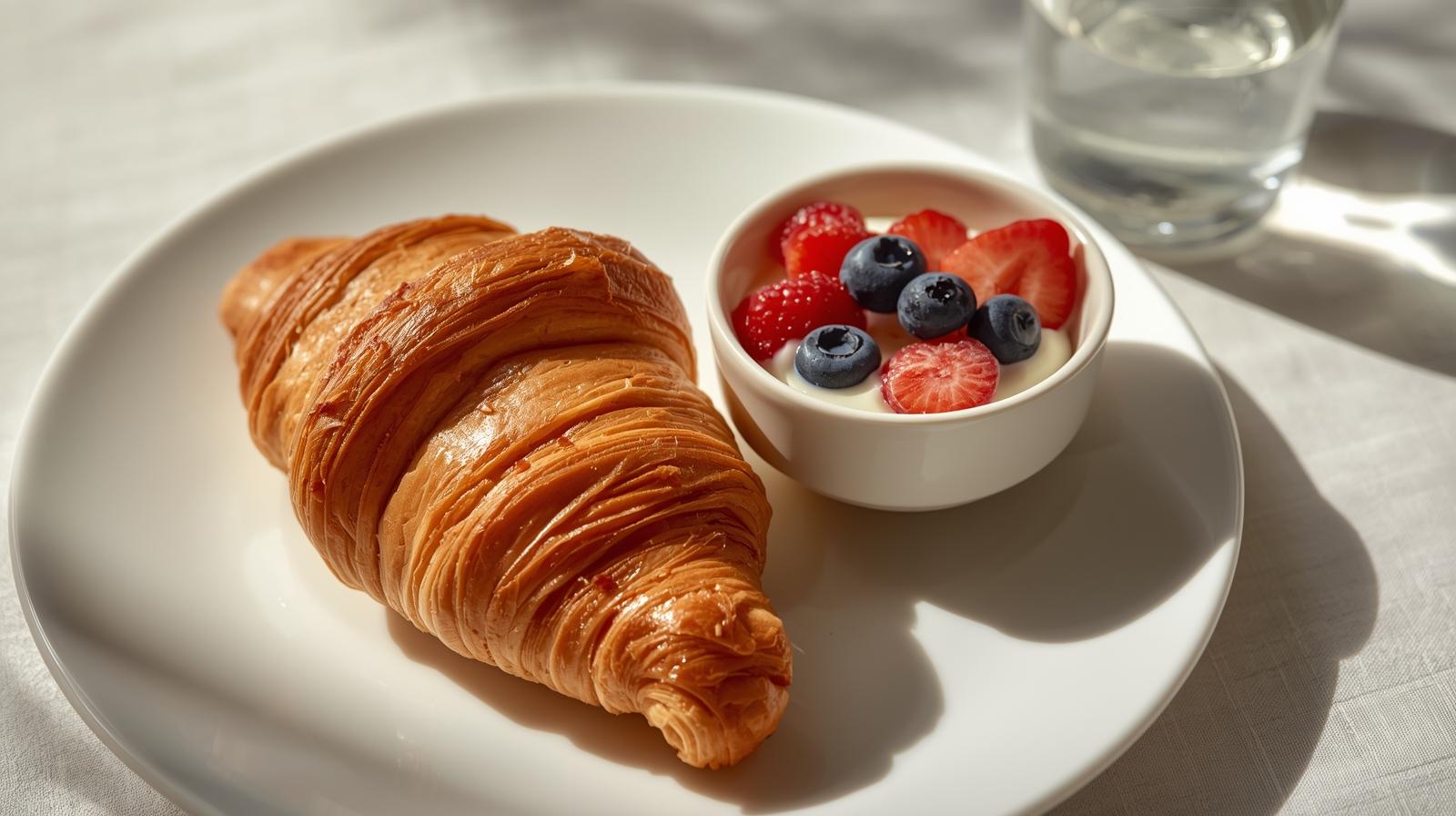 Half almond croissant on a plate with yoghurt and berries, glass of water beside it