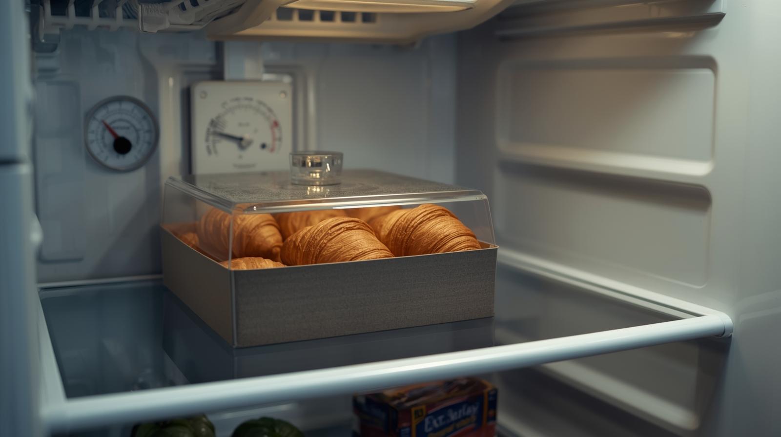 Covered pastry box in a clean refrigerator; simple thermometer showing safe cold zone