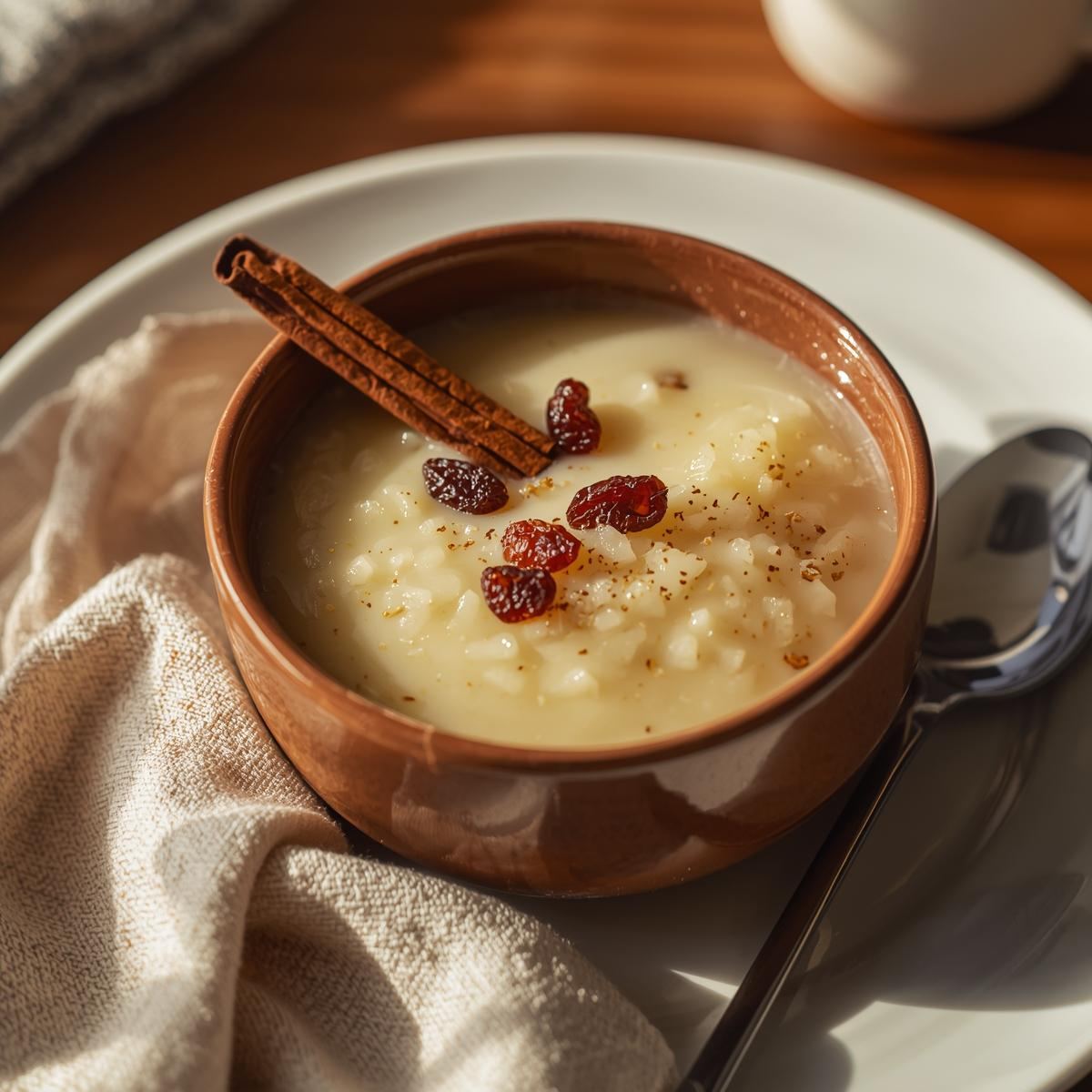Small bowl of arroz con leche with cinnamon stick on top