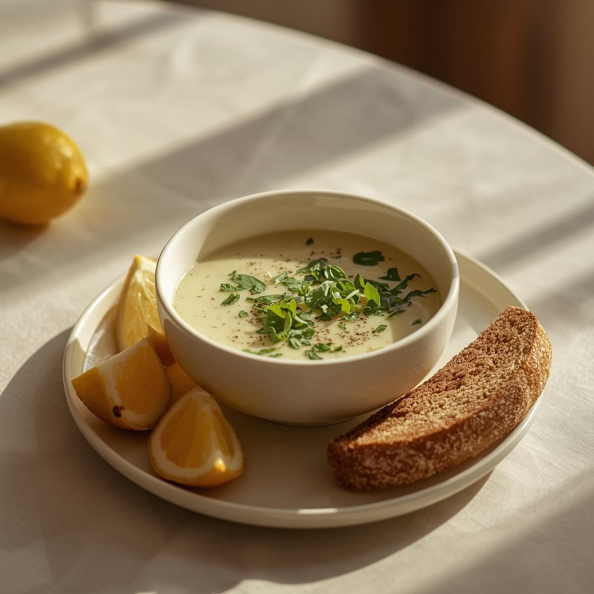 Avgolemono soup served with herbs and lemon