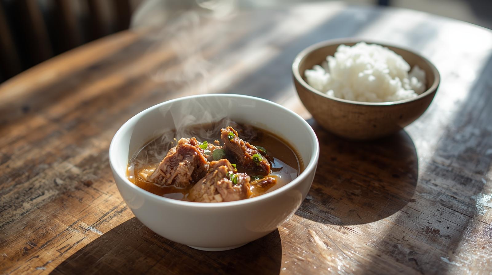 Serving bak kut teh with rice