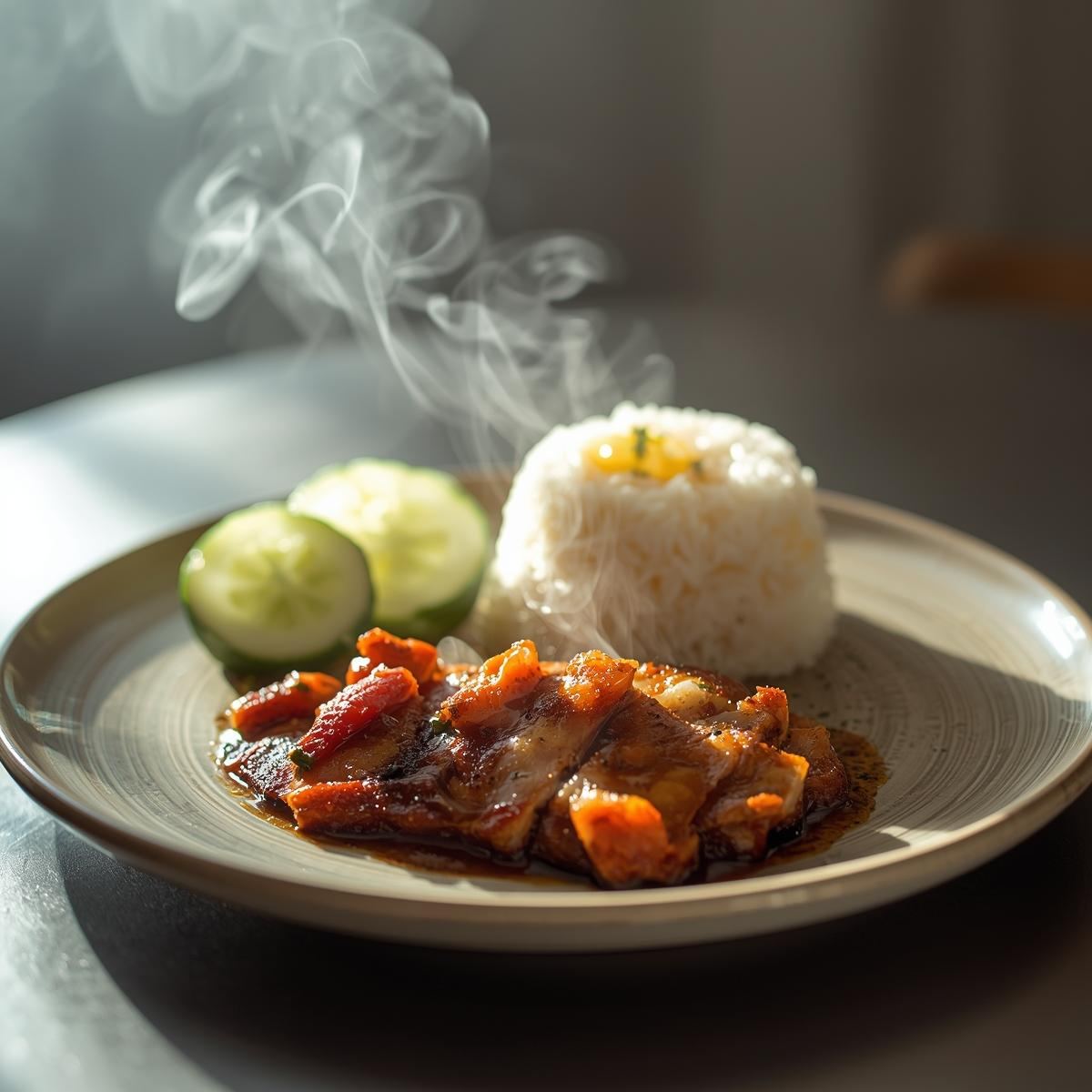 Plate of bangus sisig with garlic rice and cucumber slices