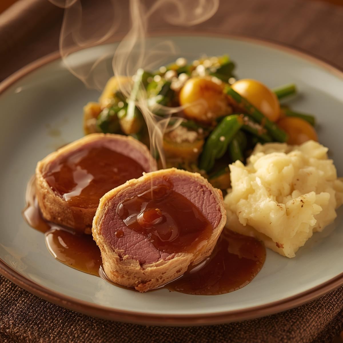 Beef Wellington slices served with mashed potatoes and steamed greens