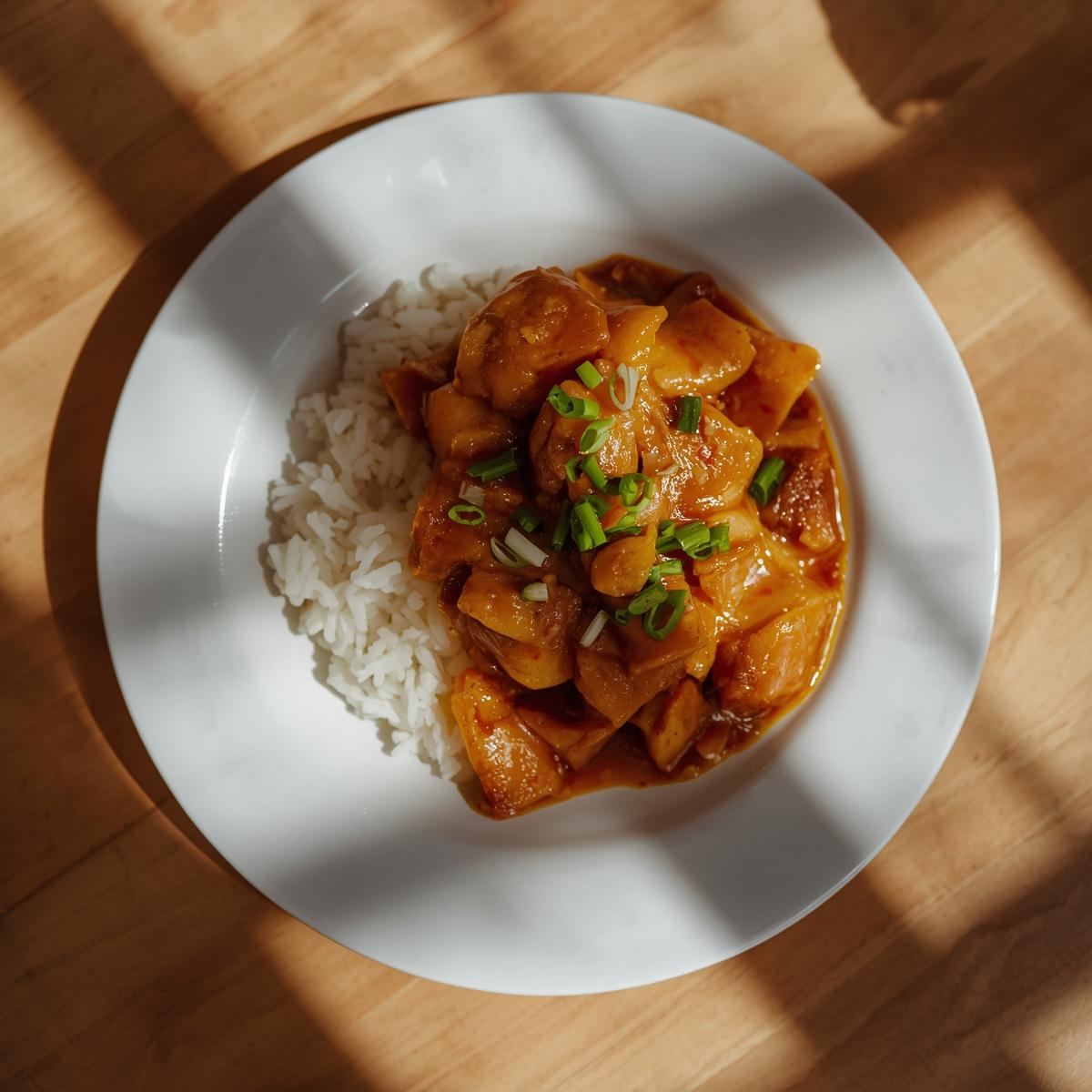 Serving of pork and shrimp bicol express with rice