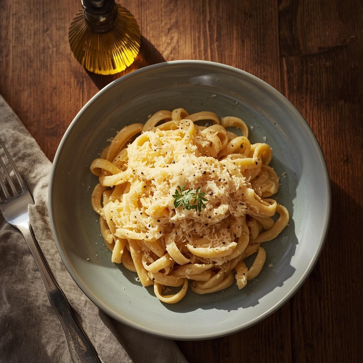 Small portion of carbonara served with side salad