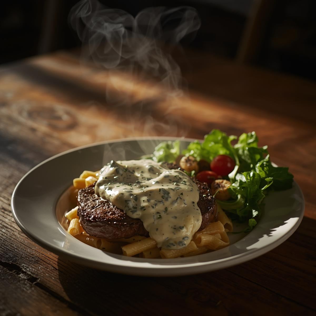 Steak or pasta topped with hot blue cheese sauce