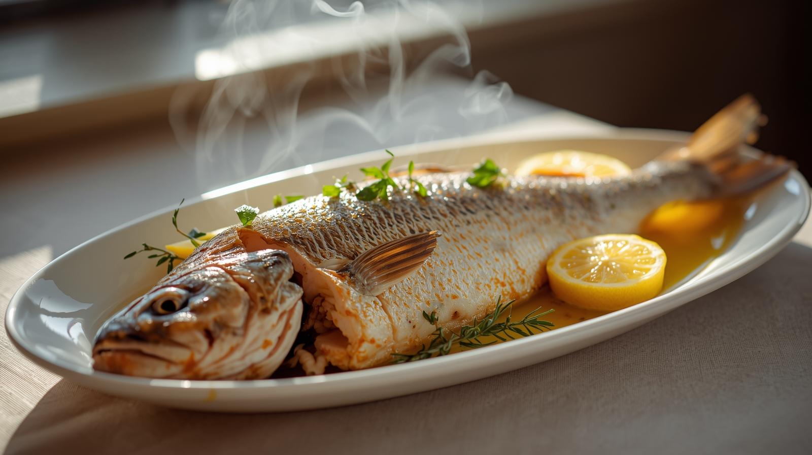 Whole-roasted branzino with lemon and herbs, served steaming on a platter