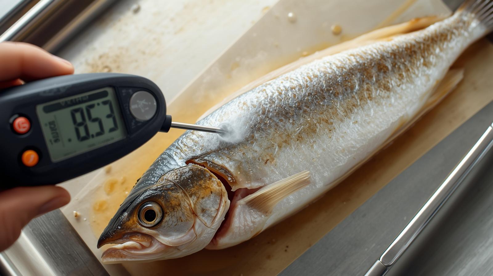 Montage: instant-read thermometer reading 145°F/63°C in a branzino fillet; menu highlighting 'fully cooked'; server placing a steaming plate