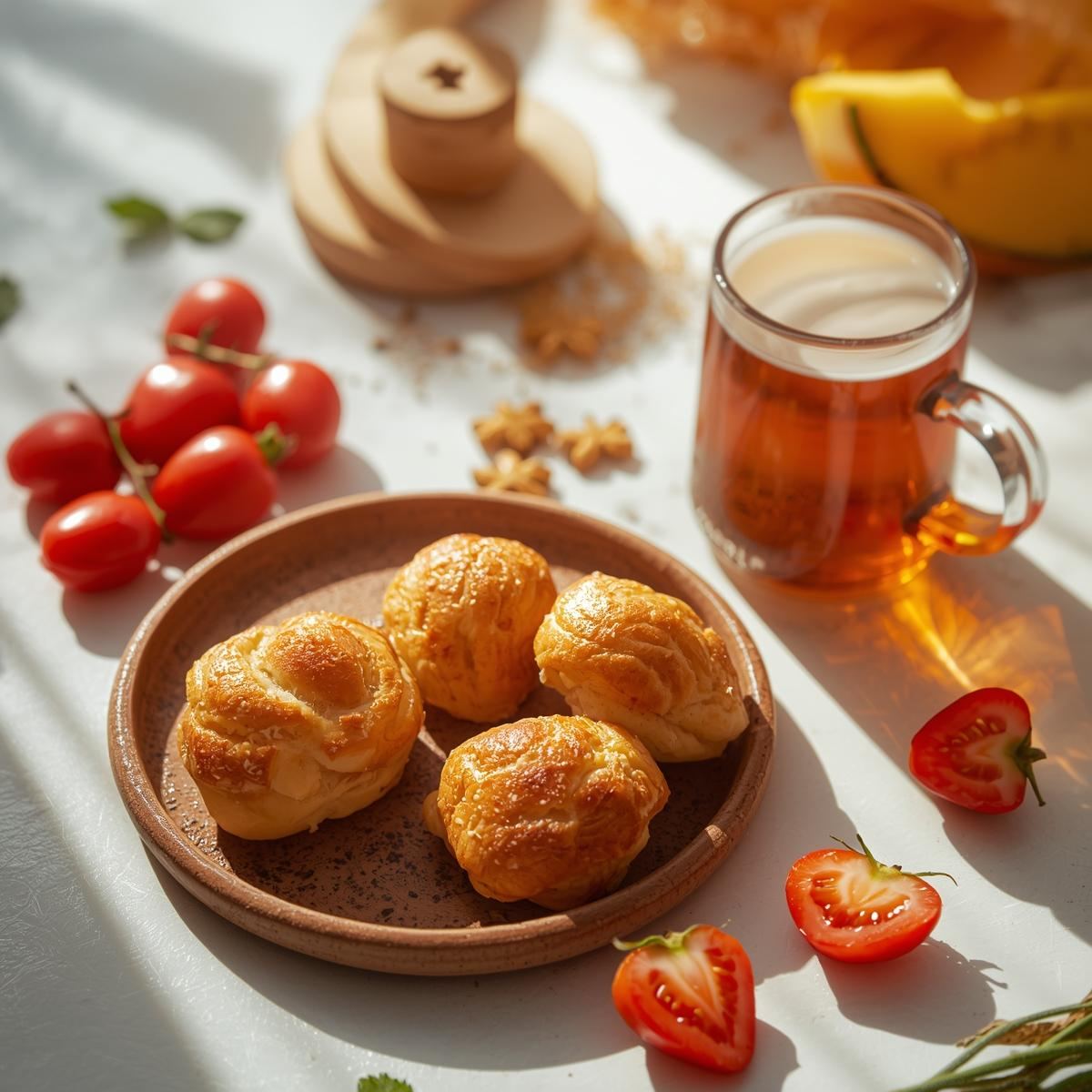 Small plate with Brazilian cheese breads served with fruit and tea