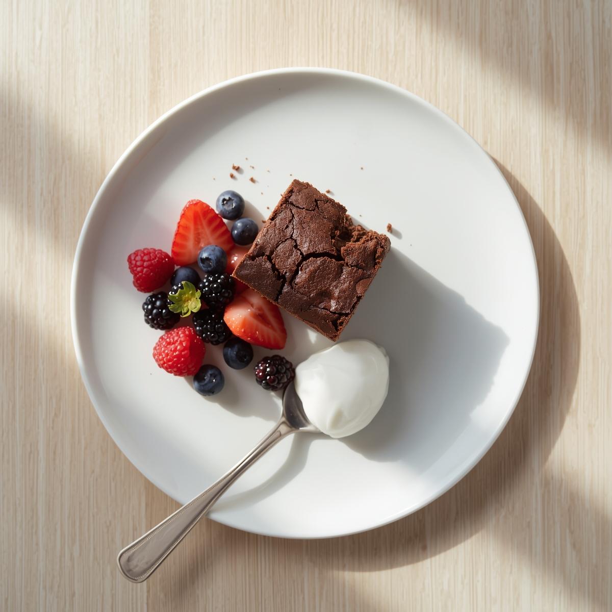 Brownie served with fresh berries on a plate