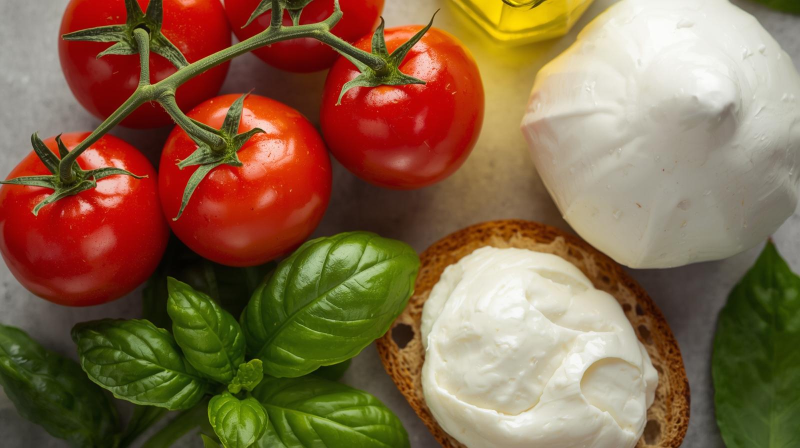 Label showing pasteurized mozzarella and clean produce for safe bruschetta