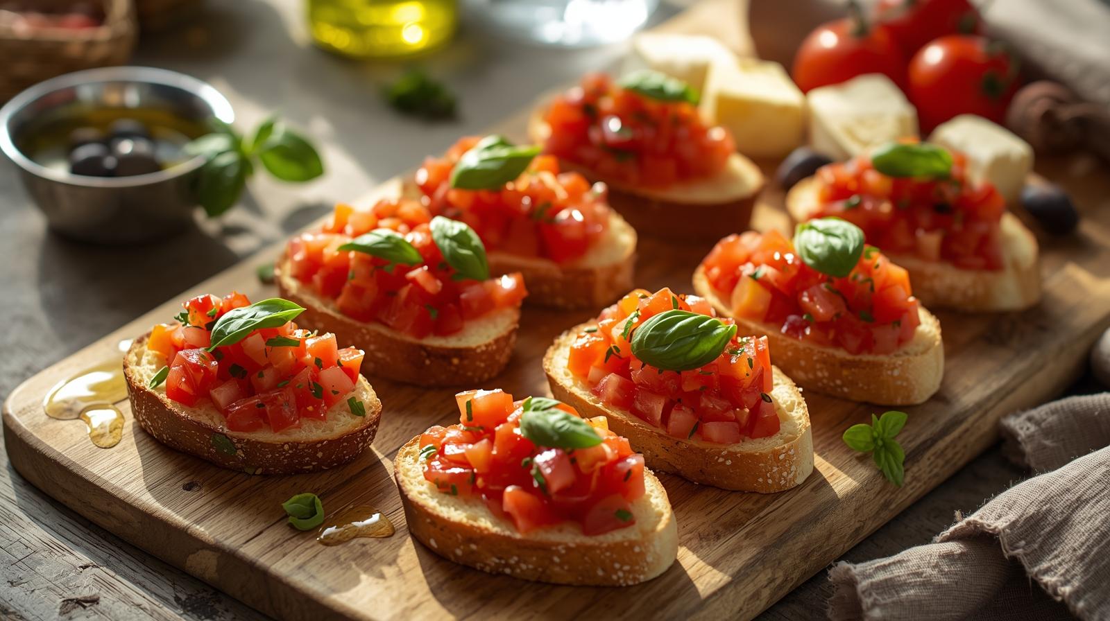 Pregnancy-safe bruschetta platter served warm with tomatoes, basil, and olive oil