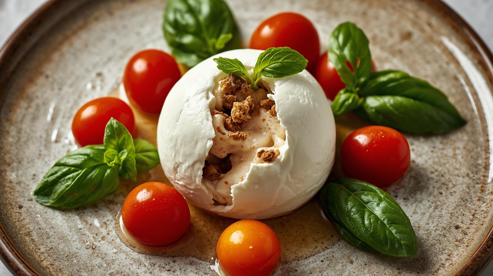 Fresh burrata cheese ball torn open on a plate with basil and tomatoes