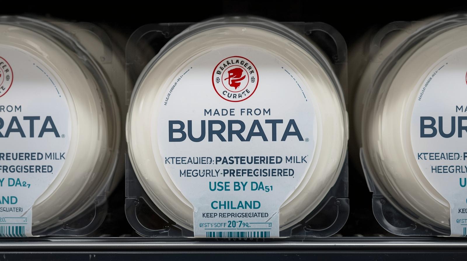Burrata label with 'made from pasteurized milk', use-by date, keep refrigerated, and sealed pack