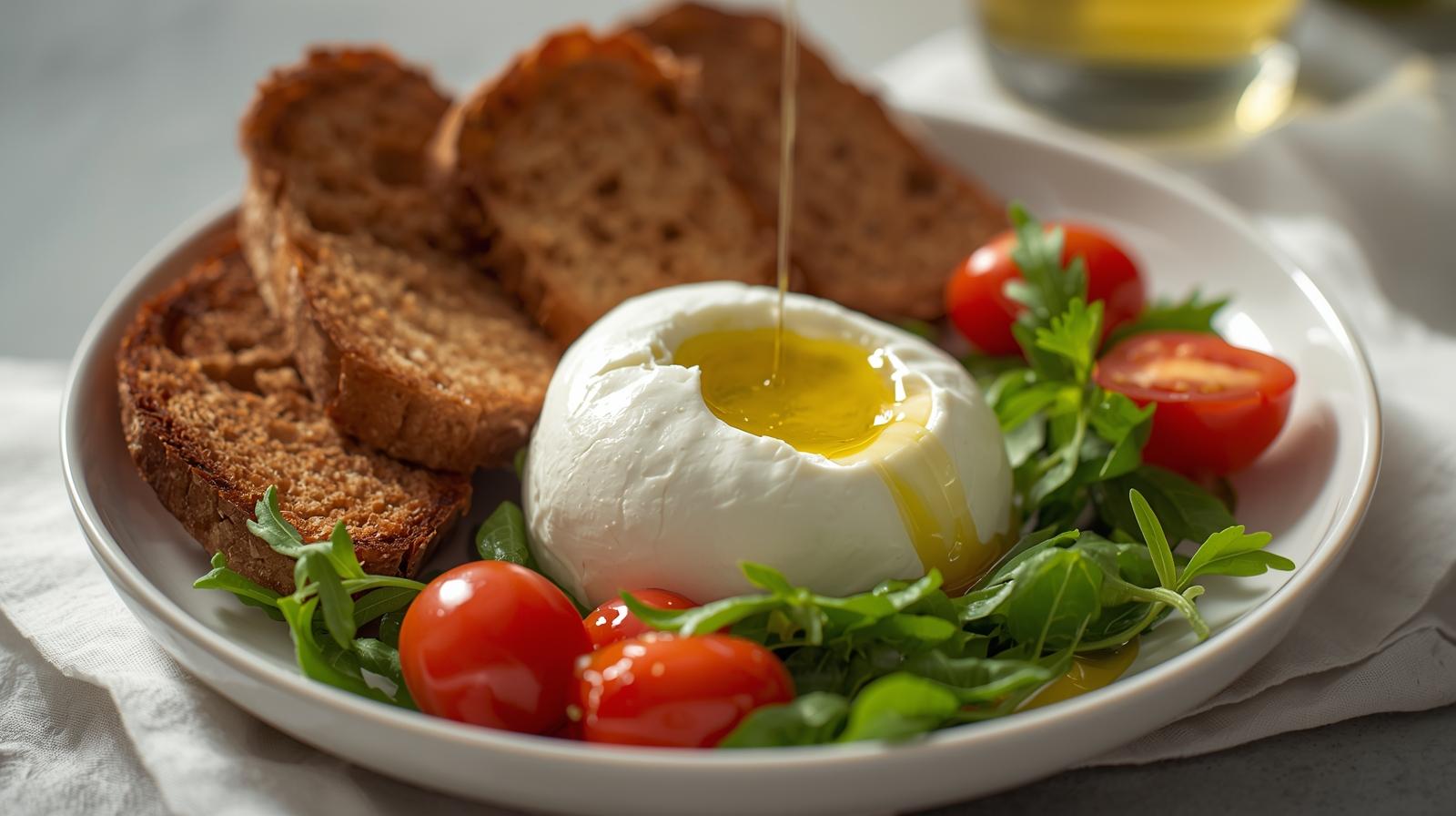 Burrata over tomatoes and rocket with wholegrain toast on the side