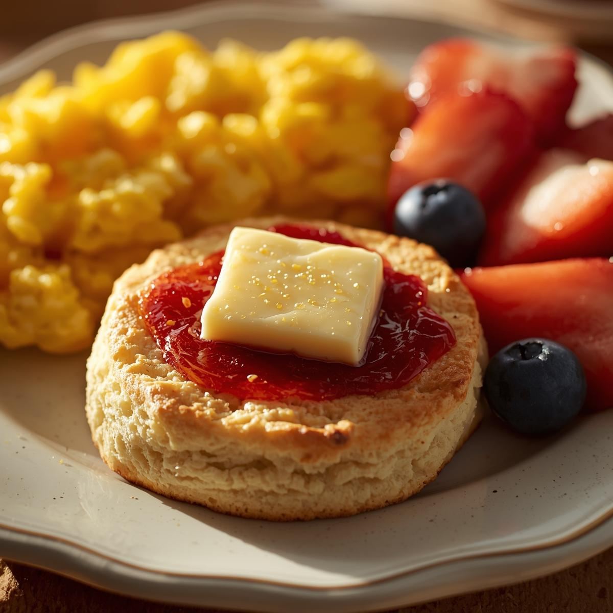 Buttermilk biscuit served with eggs, fruit and yogurt on a balanced breakfast plate