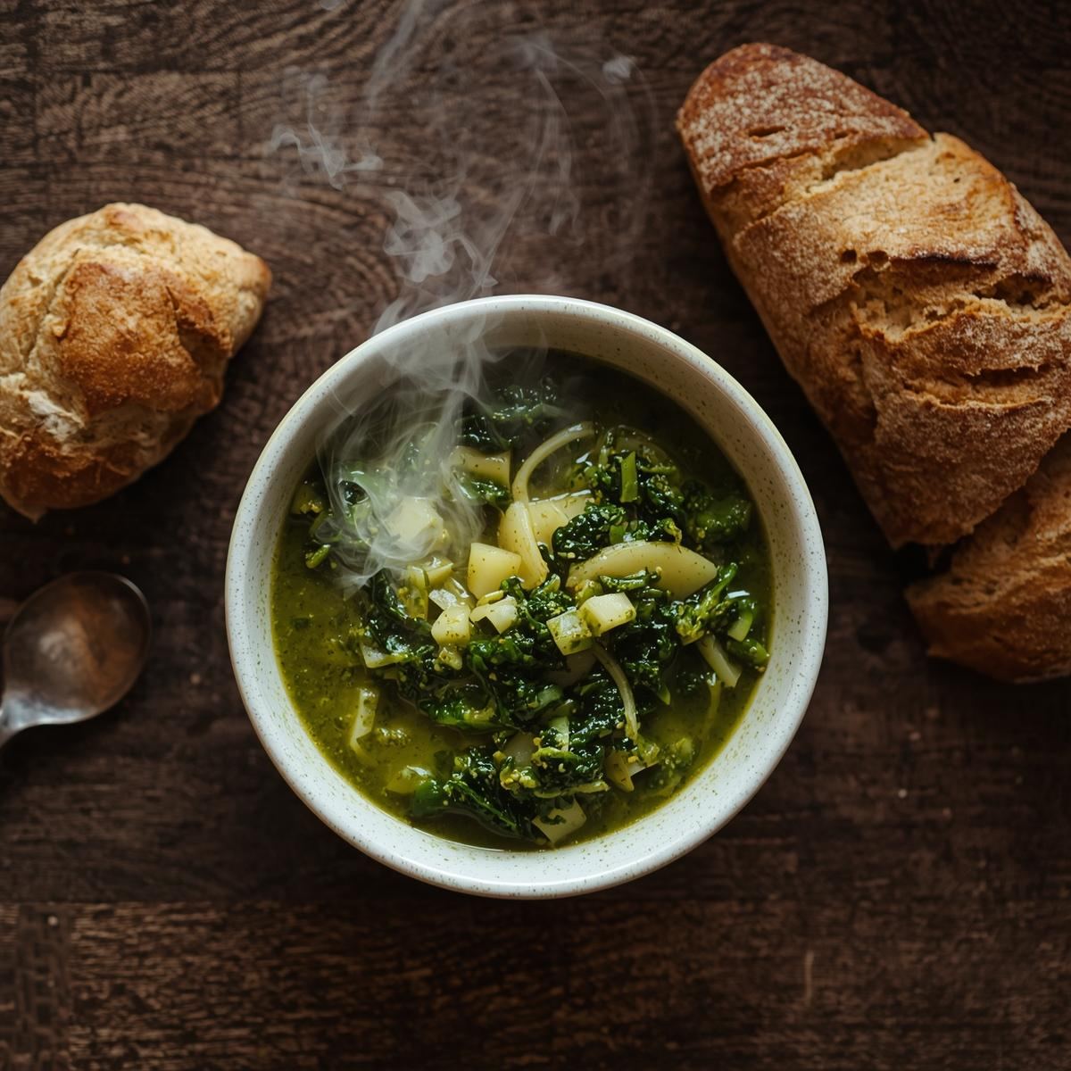 Serving of caldo verde with bread and salad on the side