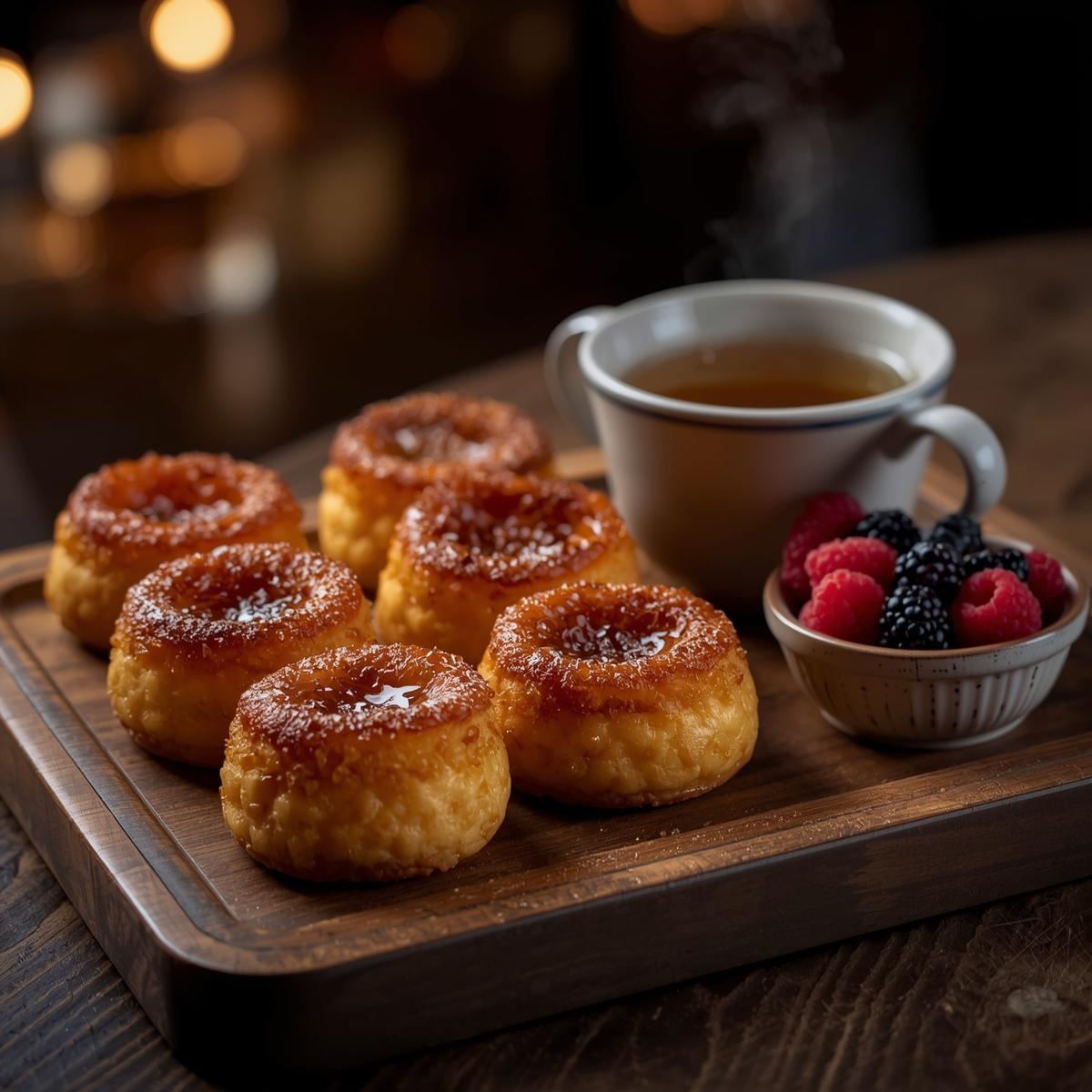 Freshly baked canelés served with fruit