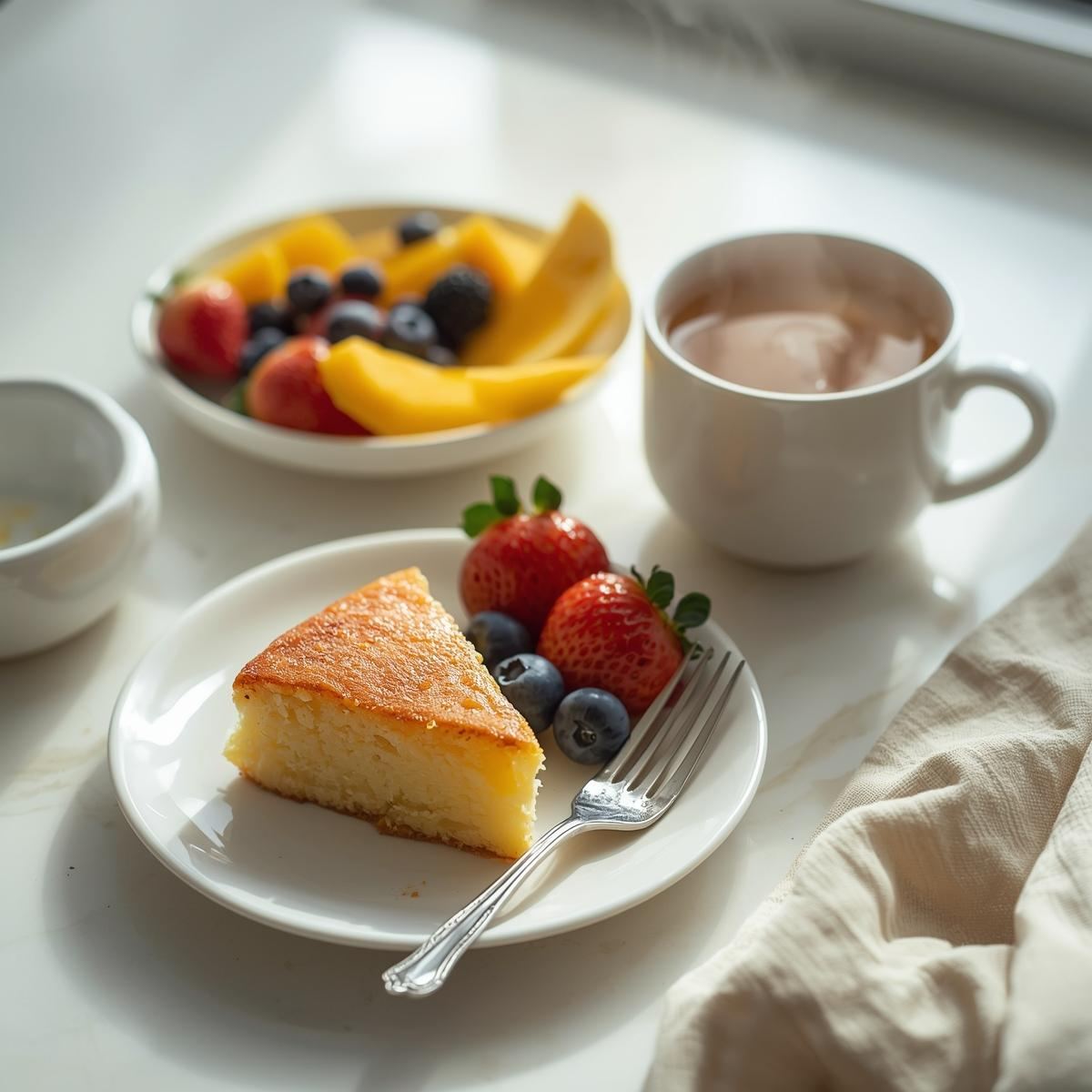 Slice of cassava cake on a plate with fruit on the side