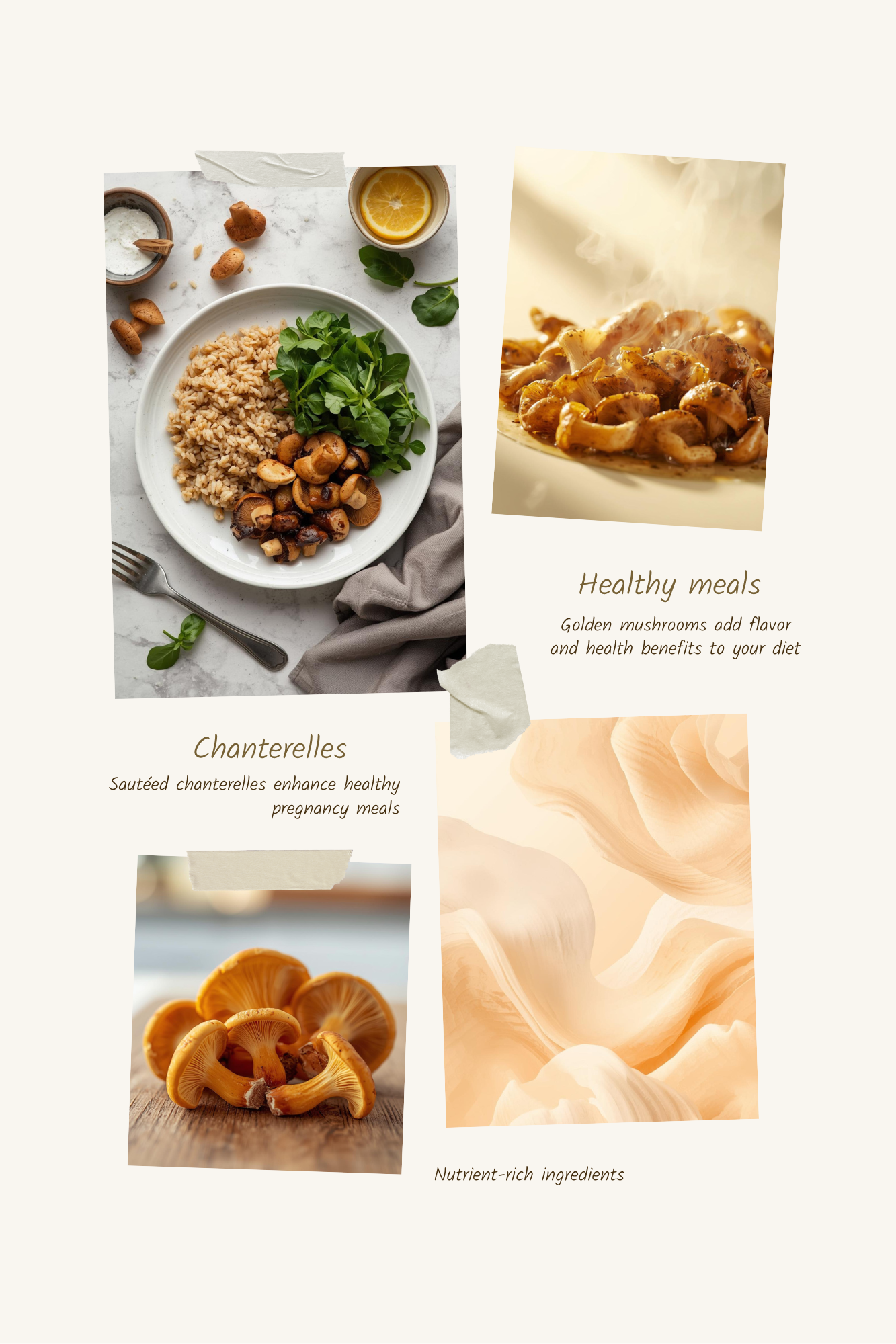 Balanced meal with sautéed chanterelles, brown rice, and greens on a white plate
