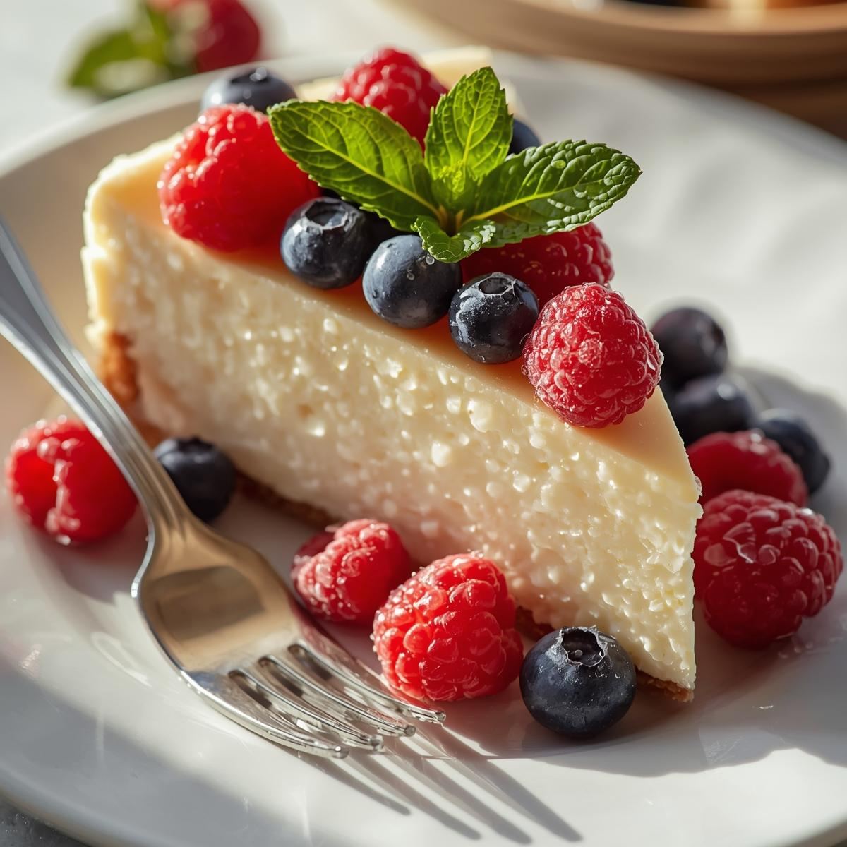 Cheesecake slice served with fruit