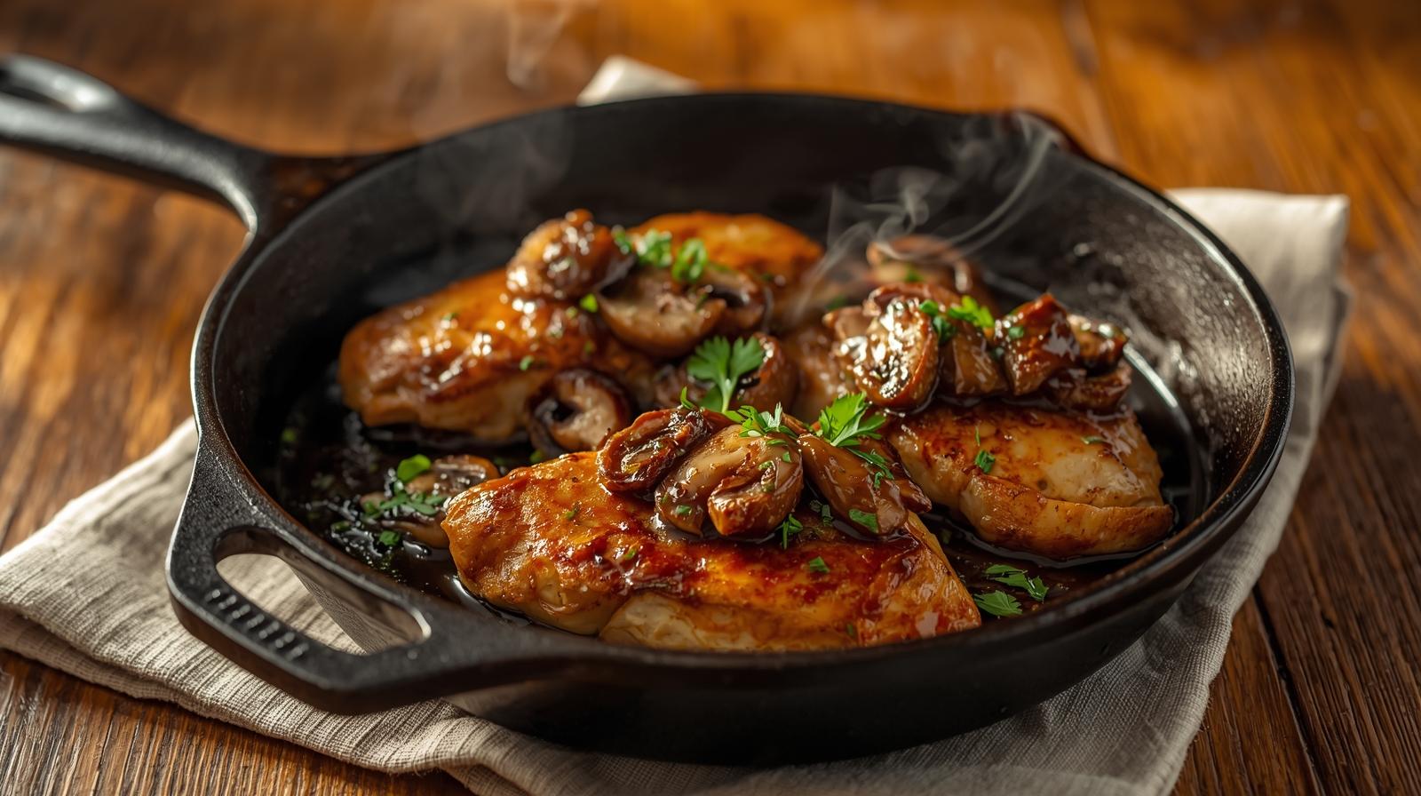 Golden Chicken Marsala with mushrooms in a glossy wine reduction, served hot in a skillet