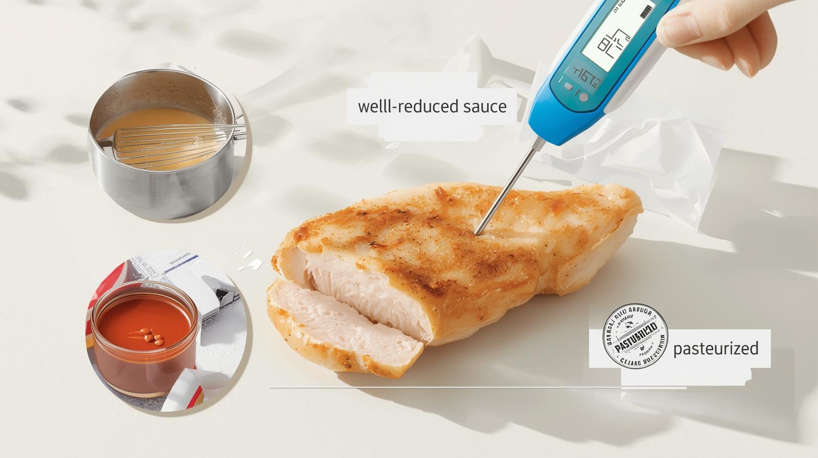 Instant-read thermometer in the thickest part of a chicken cutlet showing 74°C/165°F; sauce gently simmering