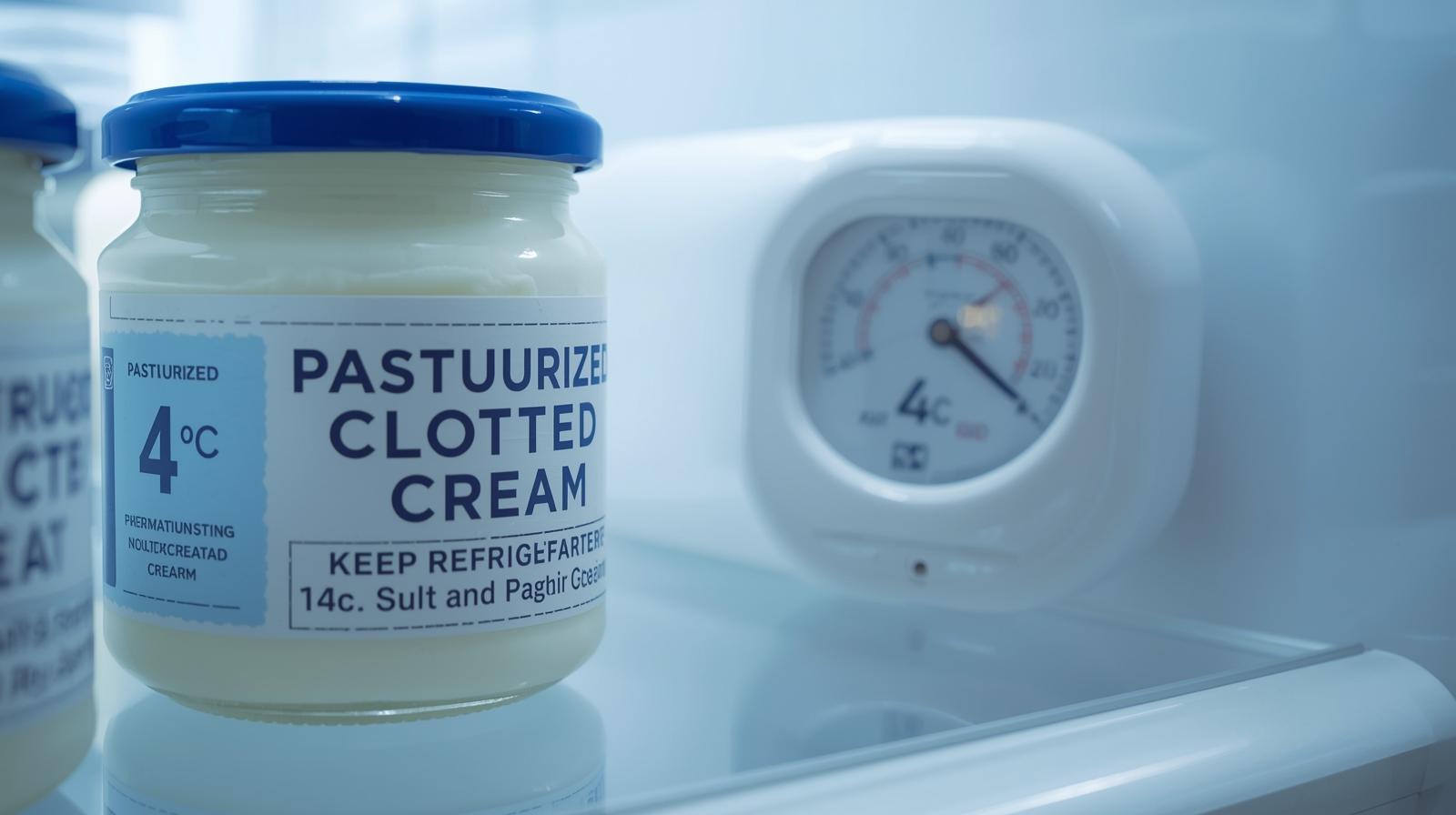 Close-up label reading 'Pasteurized Clotted Cream — Keep Refrigerated' on a chilled jar