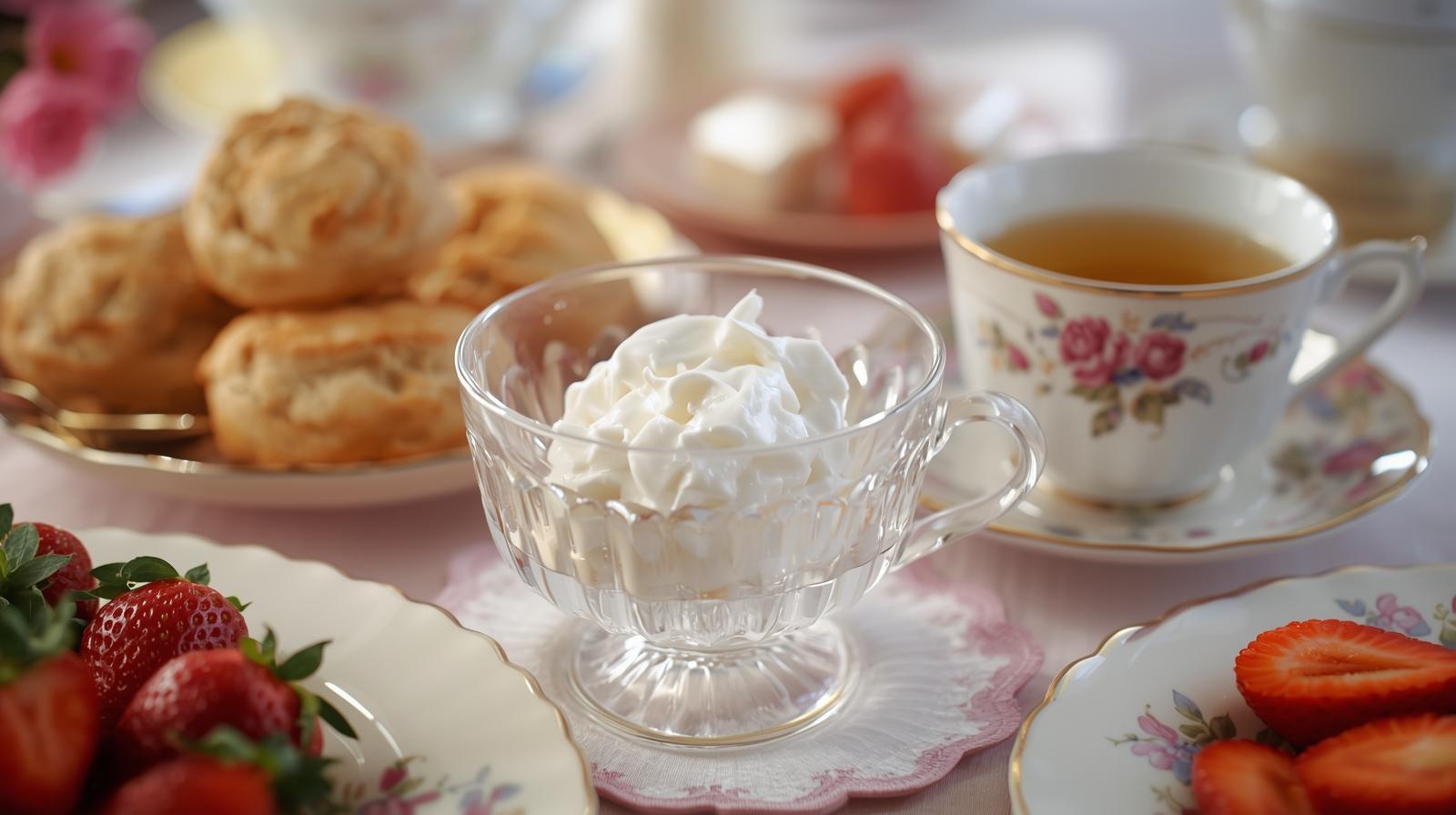 Afternoon tea setup with scones, clotted cream on ice, and fresh strawberries