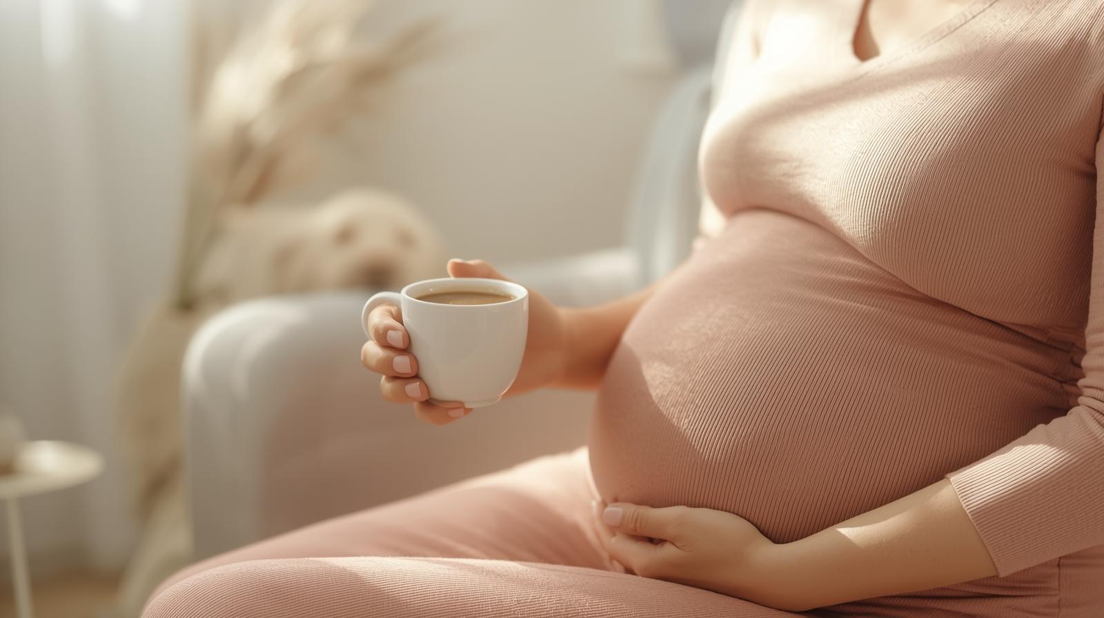 Pregnant woman with a small mug of coffee in morning light