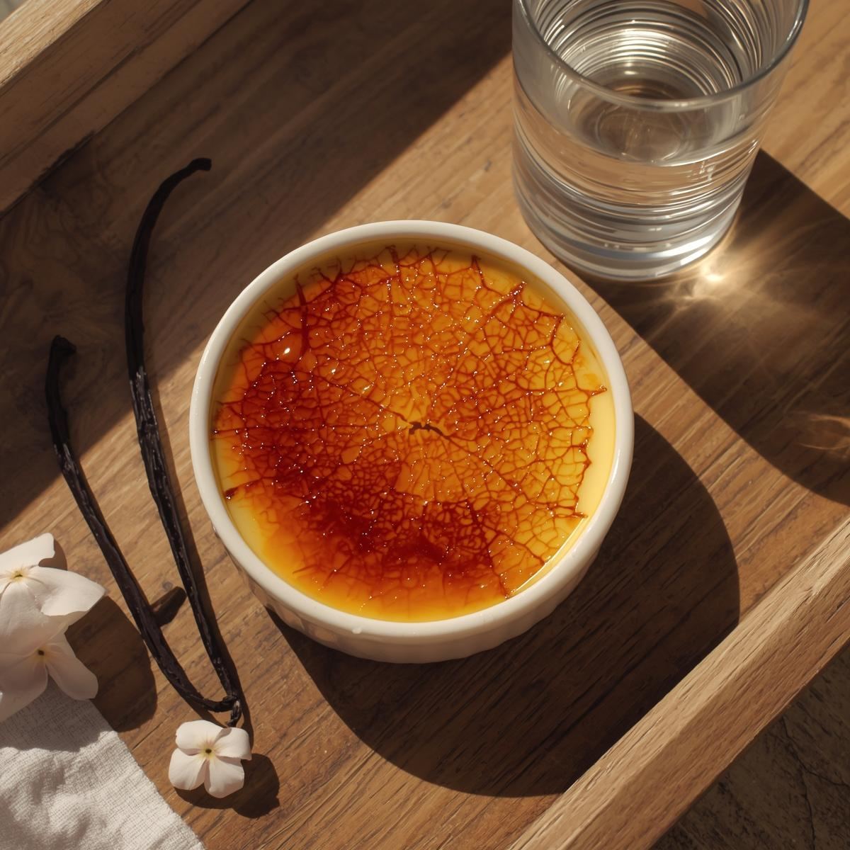 Serving of Crème Brûlée with caramel crust and spoon