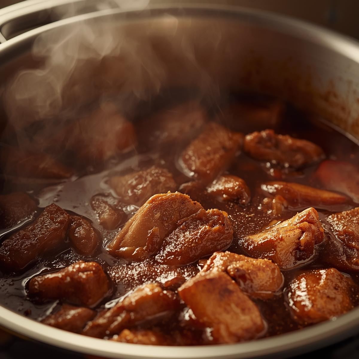 Boiling pot of dinuguan with bubbling sauce reaching safe cooking temperature