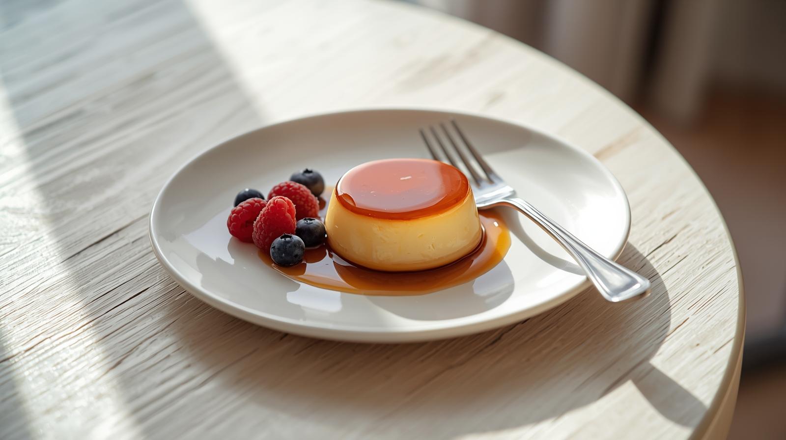 Slice of dulce de leche flan served with berries