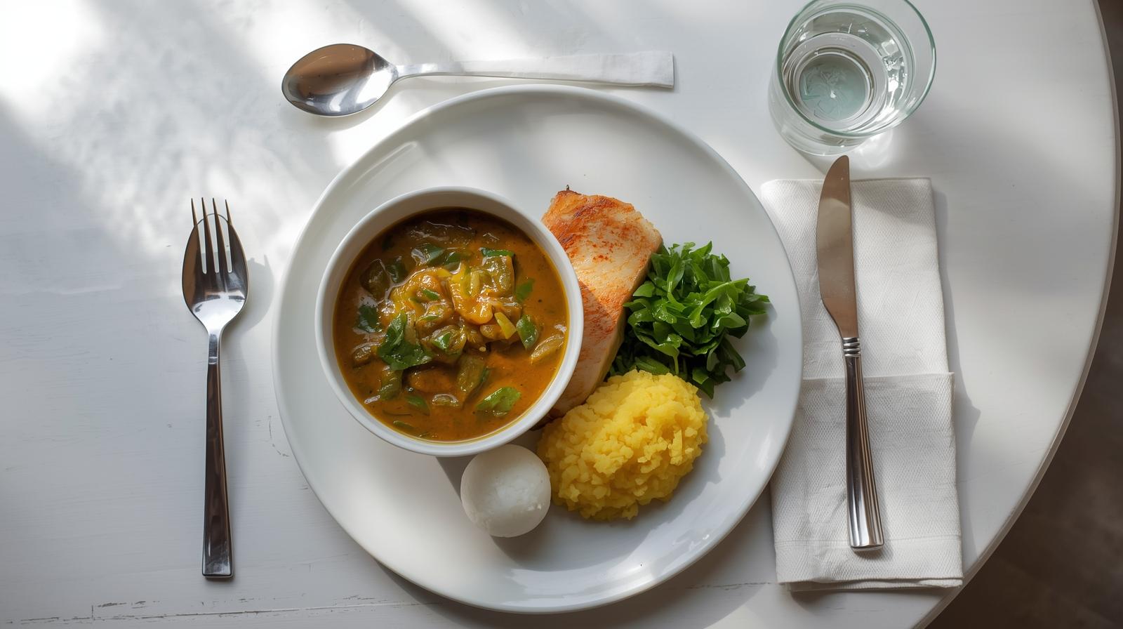 Balanced plate: egusi soup with fufu, steamed greens, and grilled fish