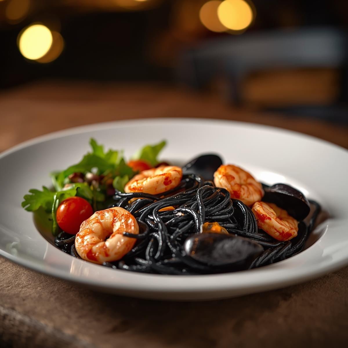 Small serving of squid ink fettuccine with cooked seafood and salad