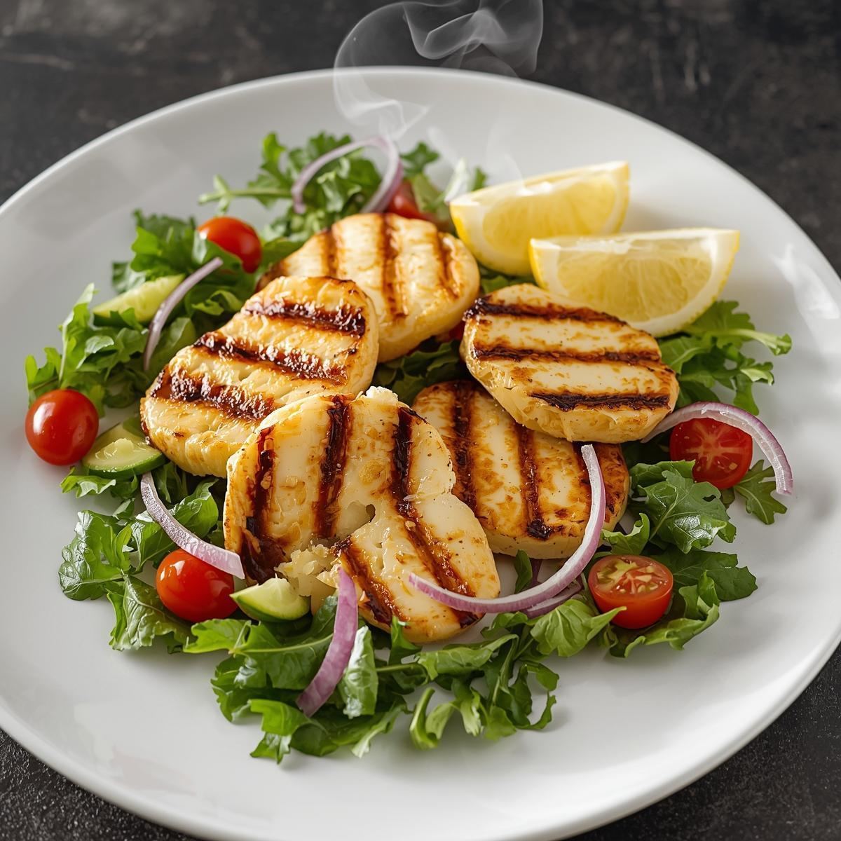 Grilled halloumi served with vegetables and lemon