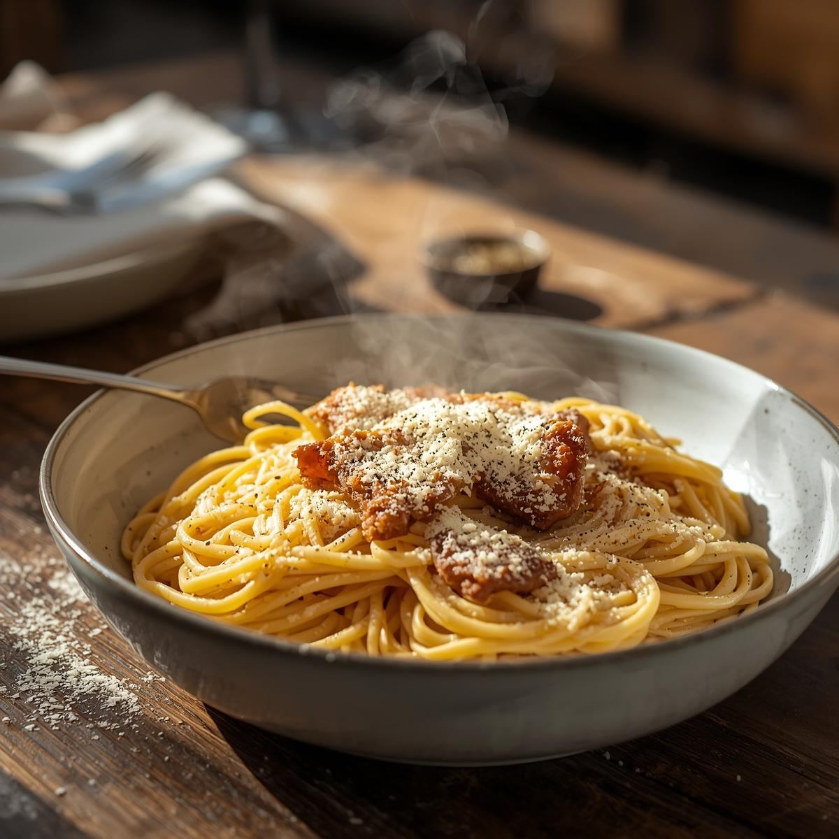 Spaghetti carbonara with crispy guanciale pieces and grated parmesan