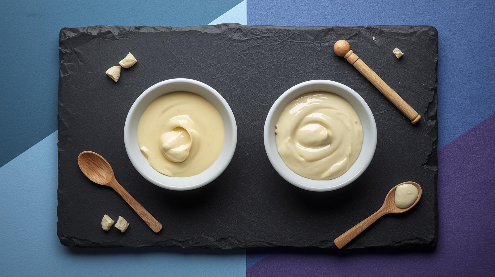 Two bowls of mayo side by side, neutral props