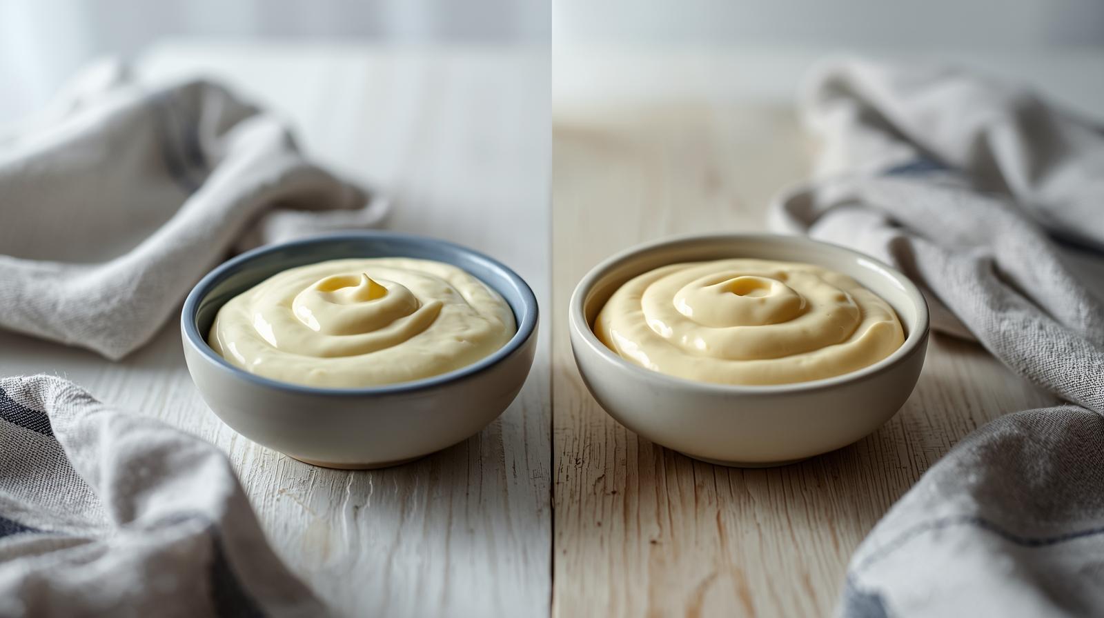 Two neutral bowls of creamy mayonnaise on a table