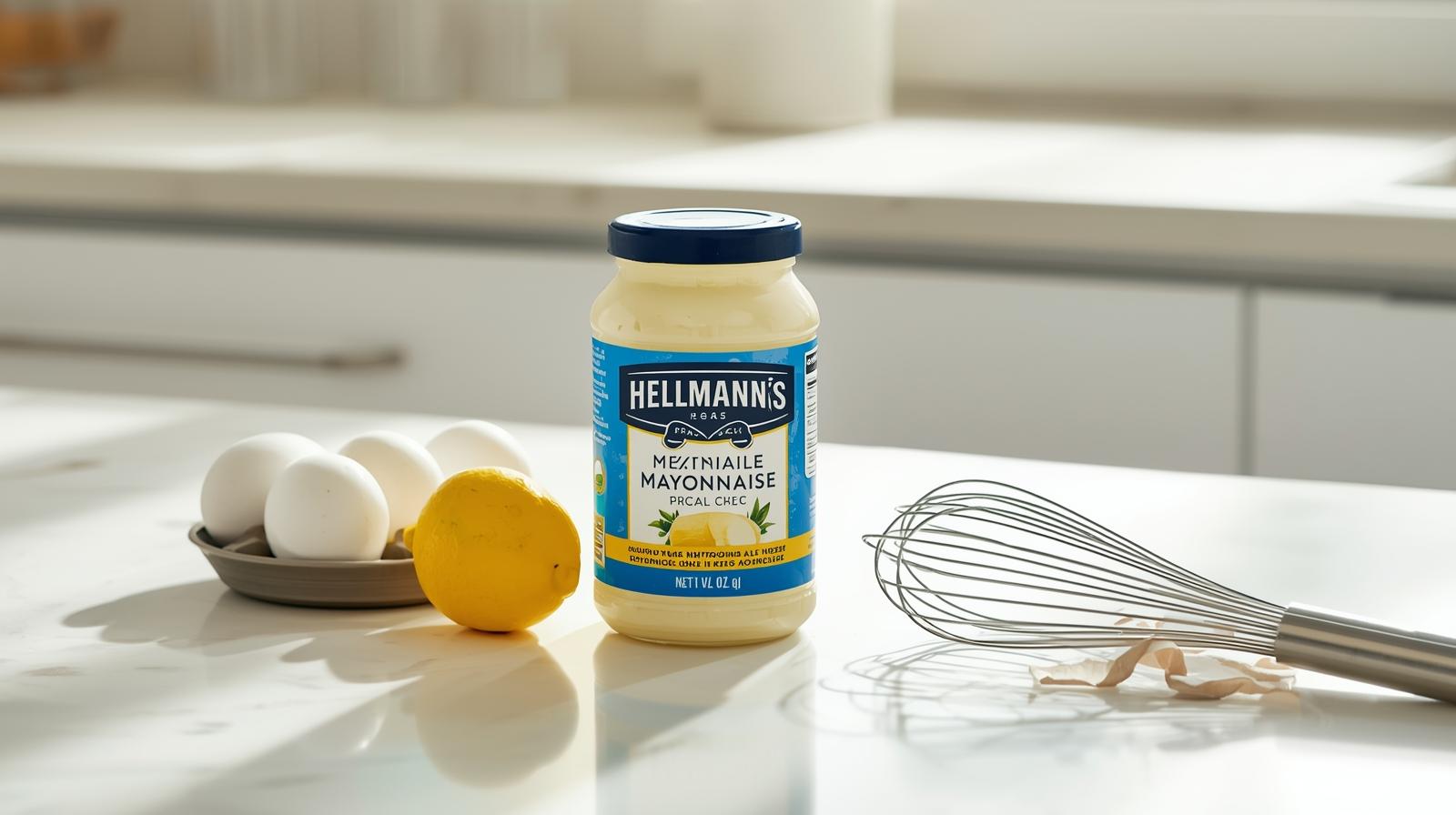Hellmann’s mayonnaise jar on a kitchen counter with fresh ingredients