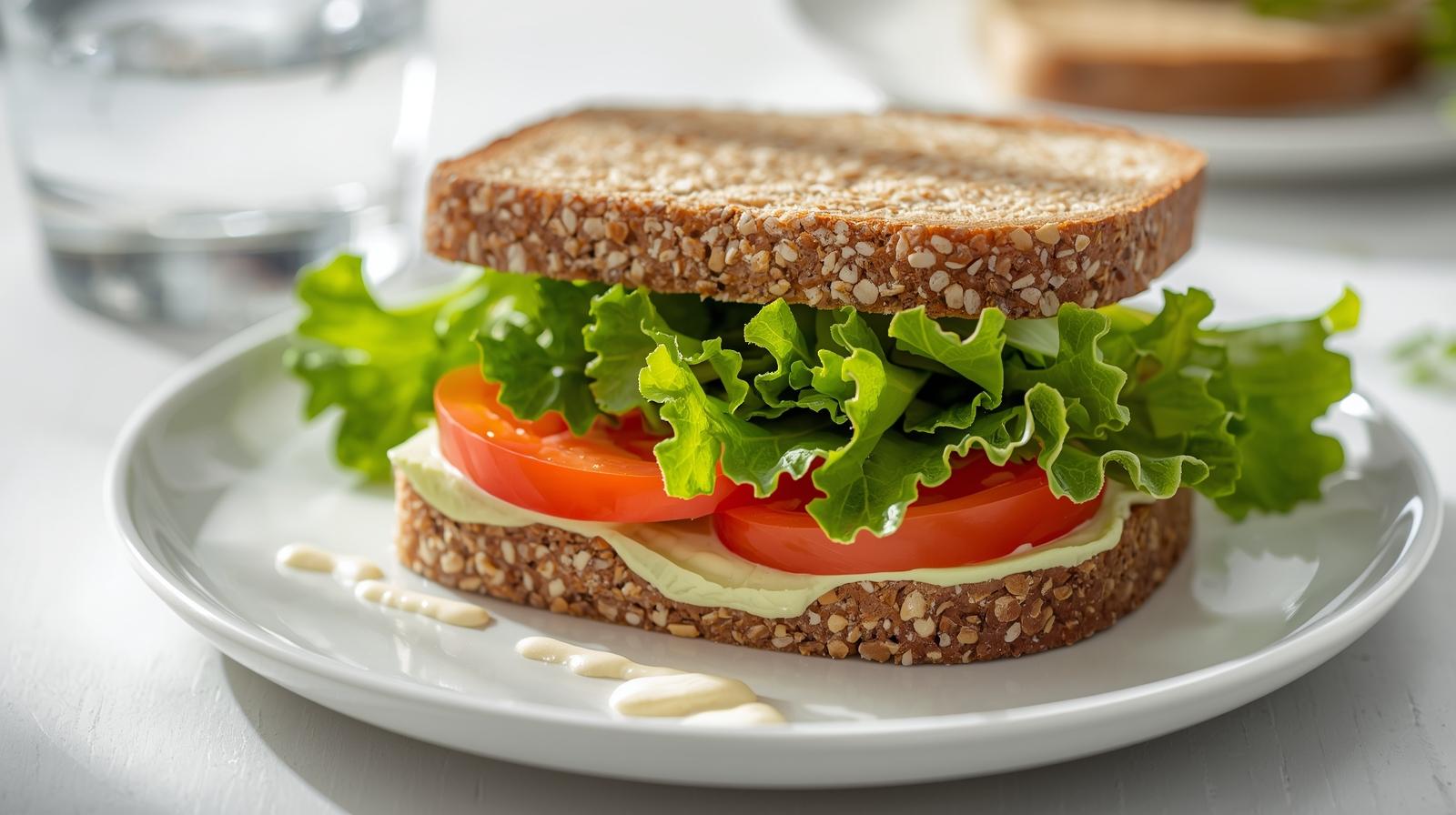Healthy sandwich with thin Hellmann’s mayo spread and vegetables