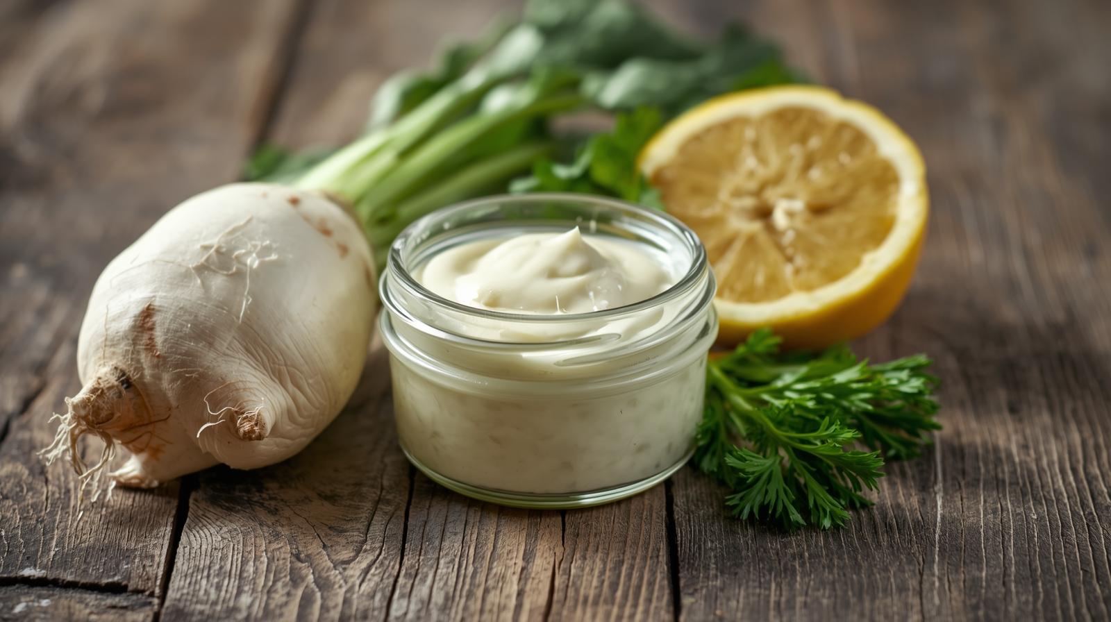 Jar of creamy horseradish sauce on wooden table with fresh roots and lemon
