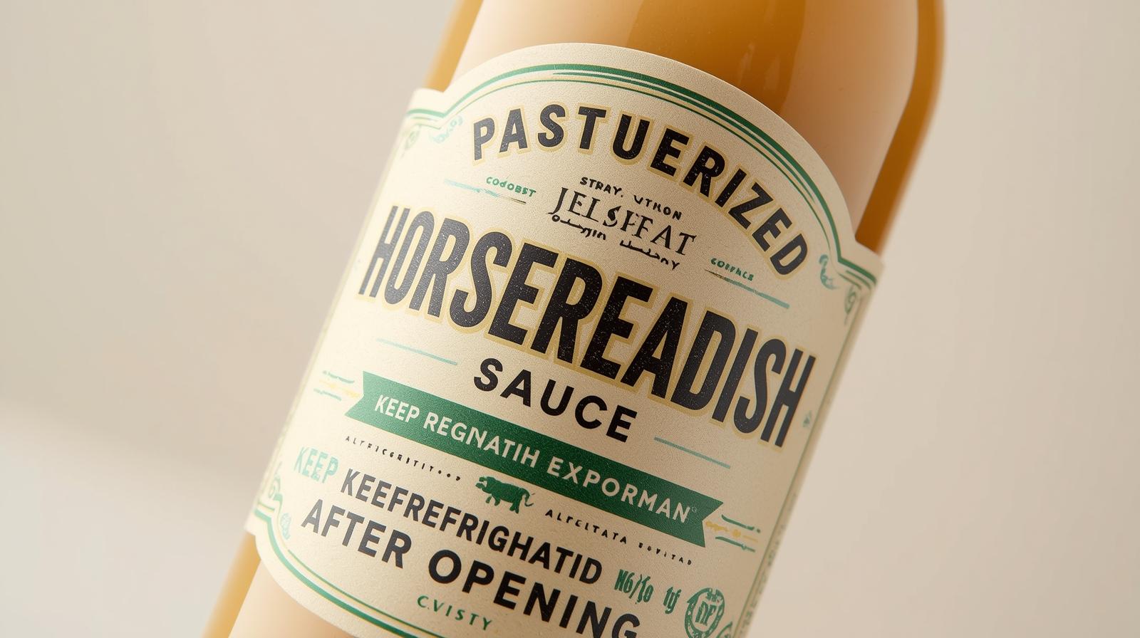 Label showing 'Pasteurized' and 'Keep Refrigerated' on horseradish sauce jar