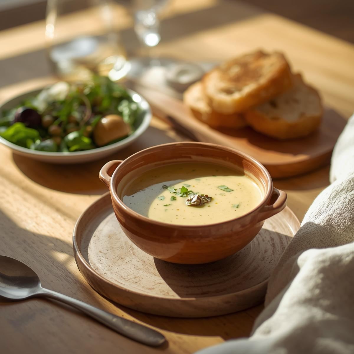 Small bowl of Jerusalem artichoke soup served with bread