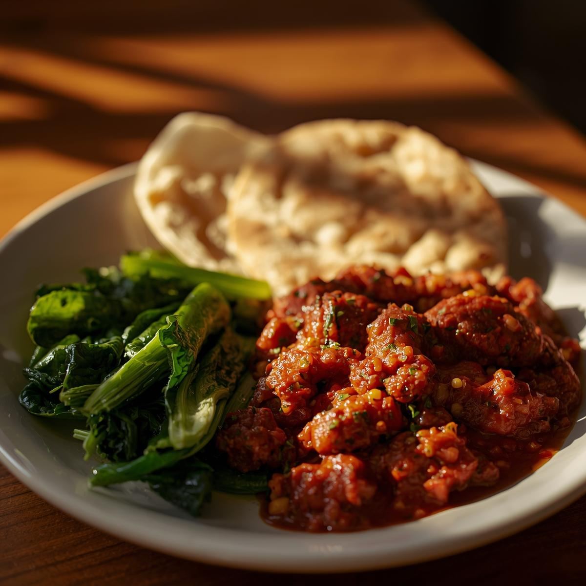 Cooked kitfo served with injera