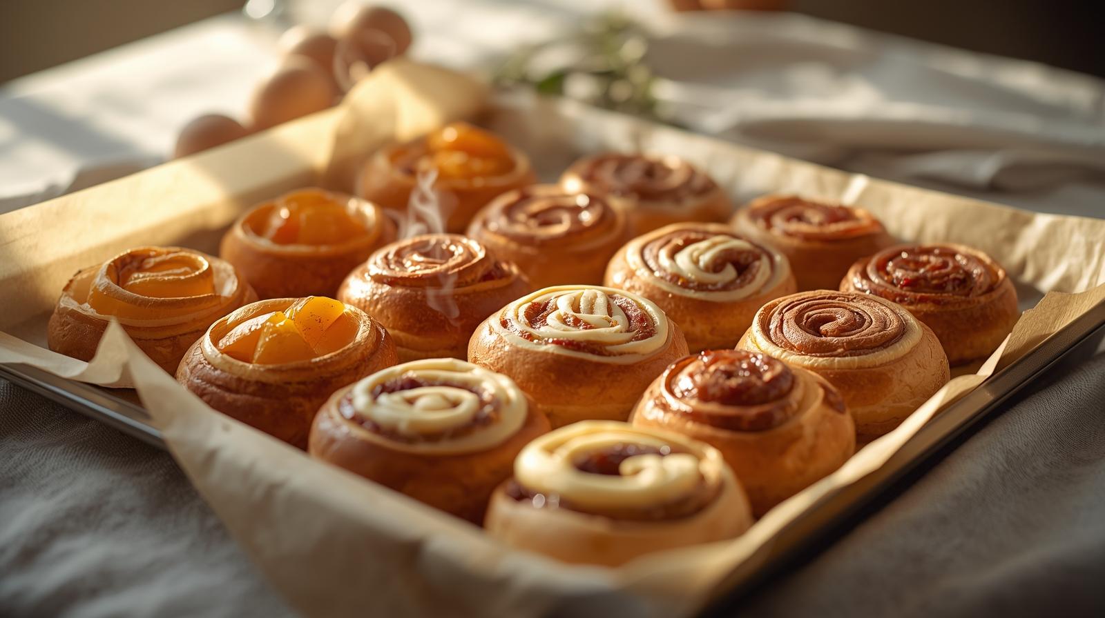 Warm kolaches and klobásníky on a tray: fruit and cream-cheese pastries, plus sausage rolls, fresh from the oven