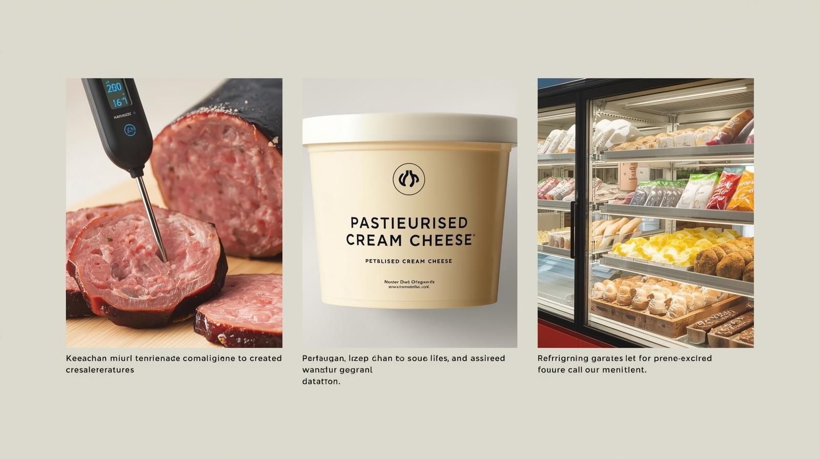 Label cues montage: meat thermometer showing 160–165°F, 'pasteurised' on cream-cheese tub, and 'keep refrigerated' icon on a bakery case