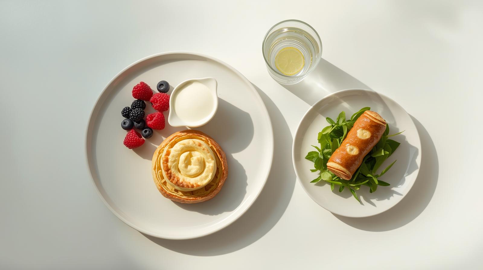 Balanced plate: one cream-cheese kolach with berries and yogurt; or one sausage kolach with side salad and water